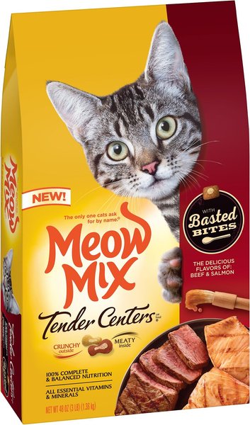 Meow Mix Tender Centers Basted Bites Beef & Salmon Flavors Dry Cat Food, 3-lb bag slide 1 of 5