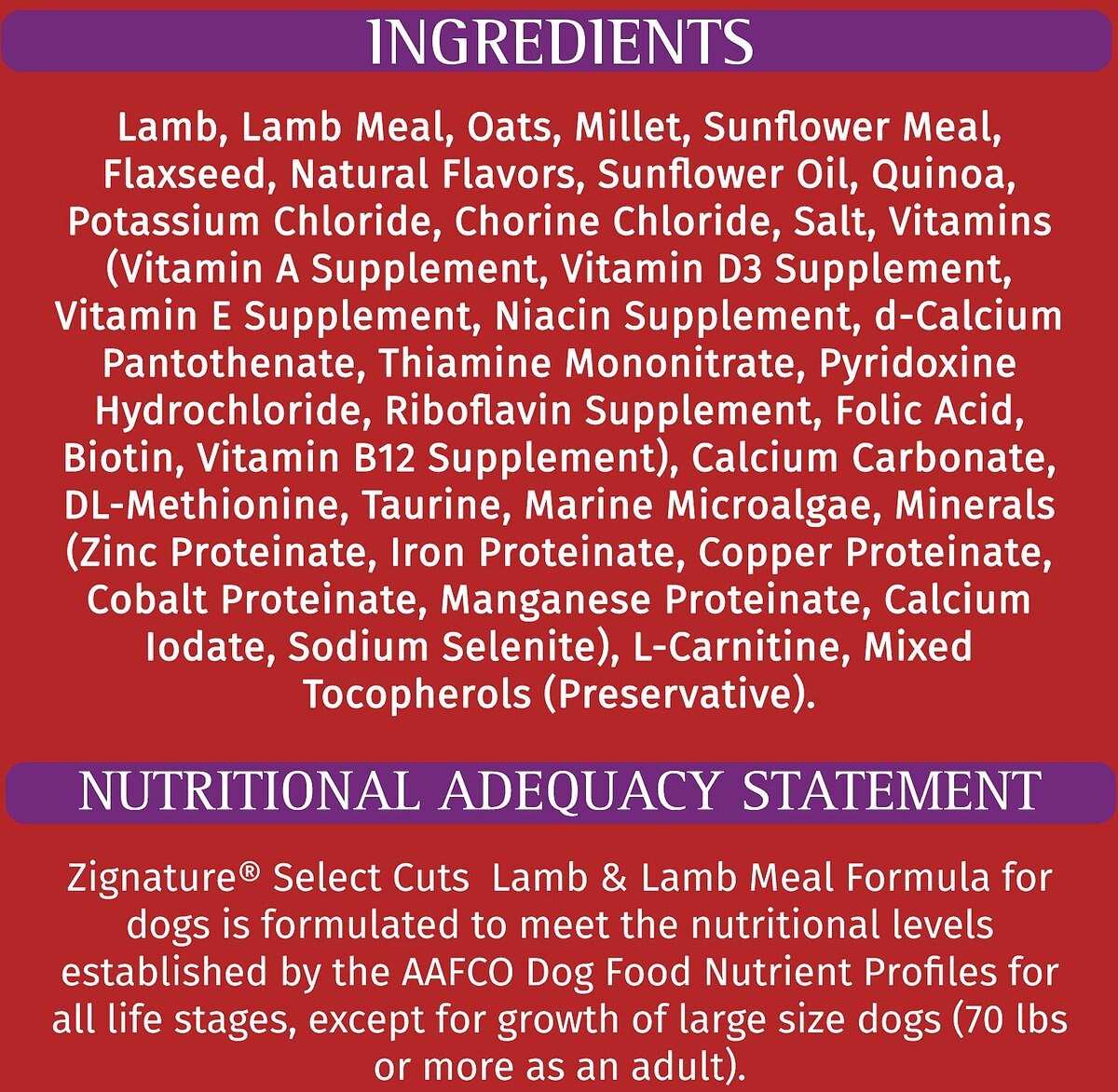 ZIGNATURE Select Cuts Lamb & Lamb Meal Formula Dry Dog Food, 4lb bag