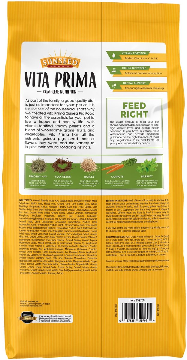 SUNSEED Vita Prima Guinea Pig Food, 8lb bag