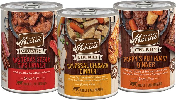 Merrick Chunky Recipes Grain-Free Wet Dog Food Variety Pack, 12.7-oz can, case of 12 slide 1 of 9