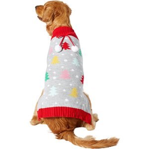 Wagatude Gray Holiday Tree Bow Dog Christmas Sweater, Large
