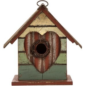 Glitzhome Distressed Solid Wood Heart Bird House, 8.66-in