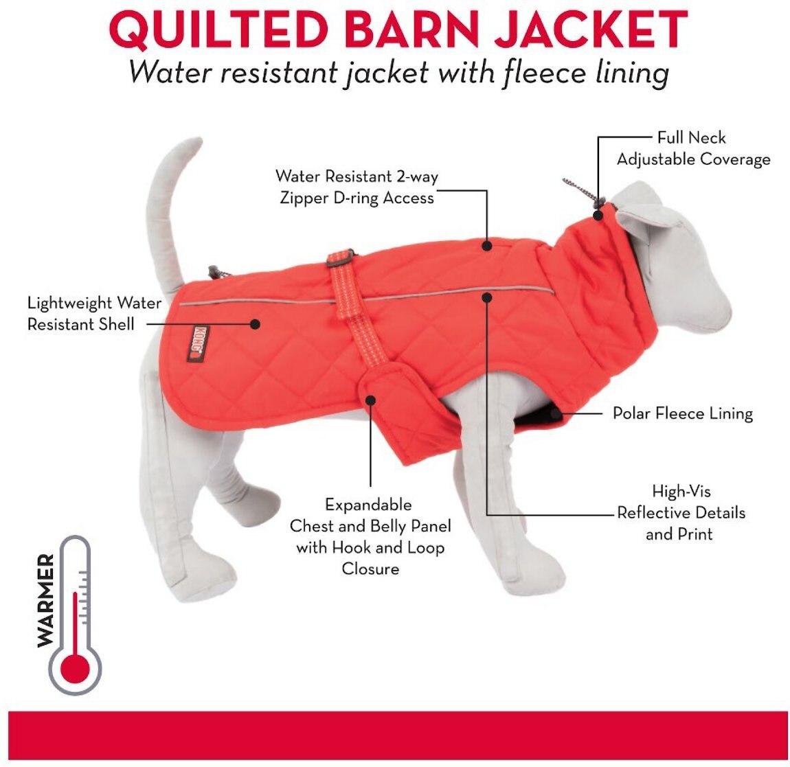 KONG Insulated Quilted Dog Barn Jacket, Red, Large