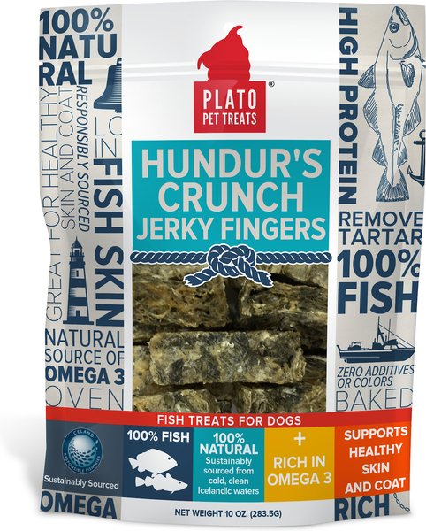 Plato Hundur's Crunch Fish Jerky Fingers Dog Treats, 10-oz bag slide 1 of 6