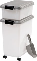 IRIS USA 3-Piece WeatherPro Airtight Stackable Dog, Cat & Bird Food Storage Container Combo with Scoop & Treat Box, Chrome, 35-lb