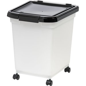 IRIS USA WeatherPro Airtight Pet Food Storage Container with Attachable Casters, Pearl & Black, 25-lb