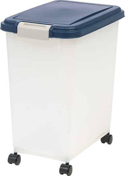 IRIS USA WeatherPro Airtight Dog, Cat, Bird & Other Pet Food Storage Bin Container with Attachable Casters, Pearl & Navy, 25-lb slide 1 of 7