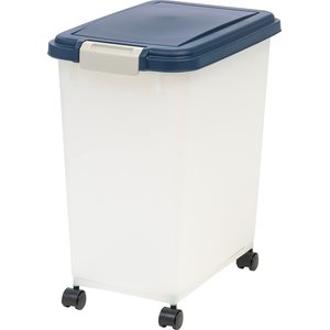 IRIS USA WeatherPro Airtight Dog, Cat, Bird & Other Pet Food Storage Bin Container with Attachable Casters, Pearl & Navy, 25-lb