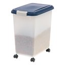IRIS USA WeatherPro Airtight Dog, Cat, Bird & Other Pet Food Storage Bin Container with Attachable Casters, Pearl & Navy, 25-lb
