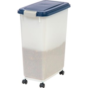 IRIS USA WeatherPro Airtight Pet Food Storage Container with Attachable Casters, Pearl & Navy, 35-lb