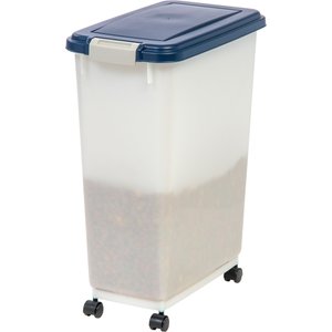 IRIS USA WeatherPro Airtight Dog, Cat, Bird & Other Pet Food Storage Bin Container with Attachable Casters, Pearl & Navy, 35-lb