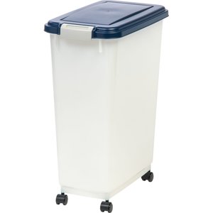 IRIS USA WeatherPro Airtight Dog, Cat, Bird & Other Pet Food Storage Bin Container with Attachable Casters, Pearl & Navy, 35-lb