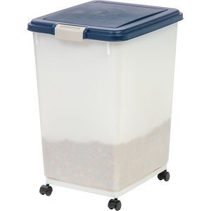 IRIS USA WeatherPro Airtight Dog, Cat, Bird & Other Pet Food Storage Bin Container with Attachable Casters, Clear & Navy, 50-lb