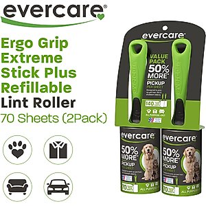 Evercare Pet Plus Extreme Stick Ergo Grip Pet Lint Roller, 70 sheets twin pack