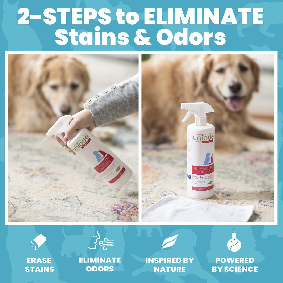 Unique pet odor shop and stain eliminator