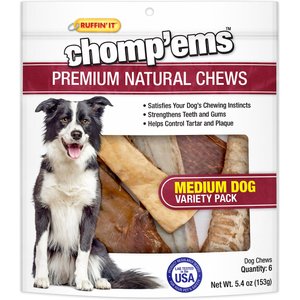 RUFFIN' IT Chomp'ems Premium Natural Chews Variety Pack Medium Dog Bone Treats, 6 count