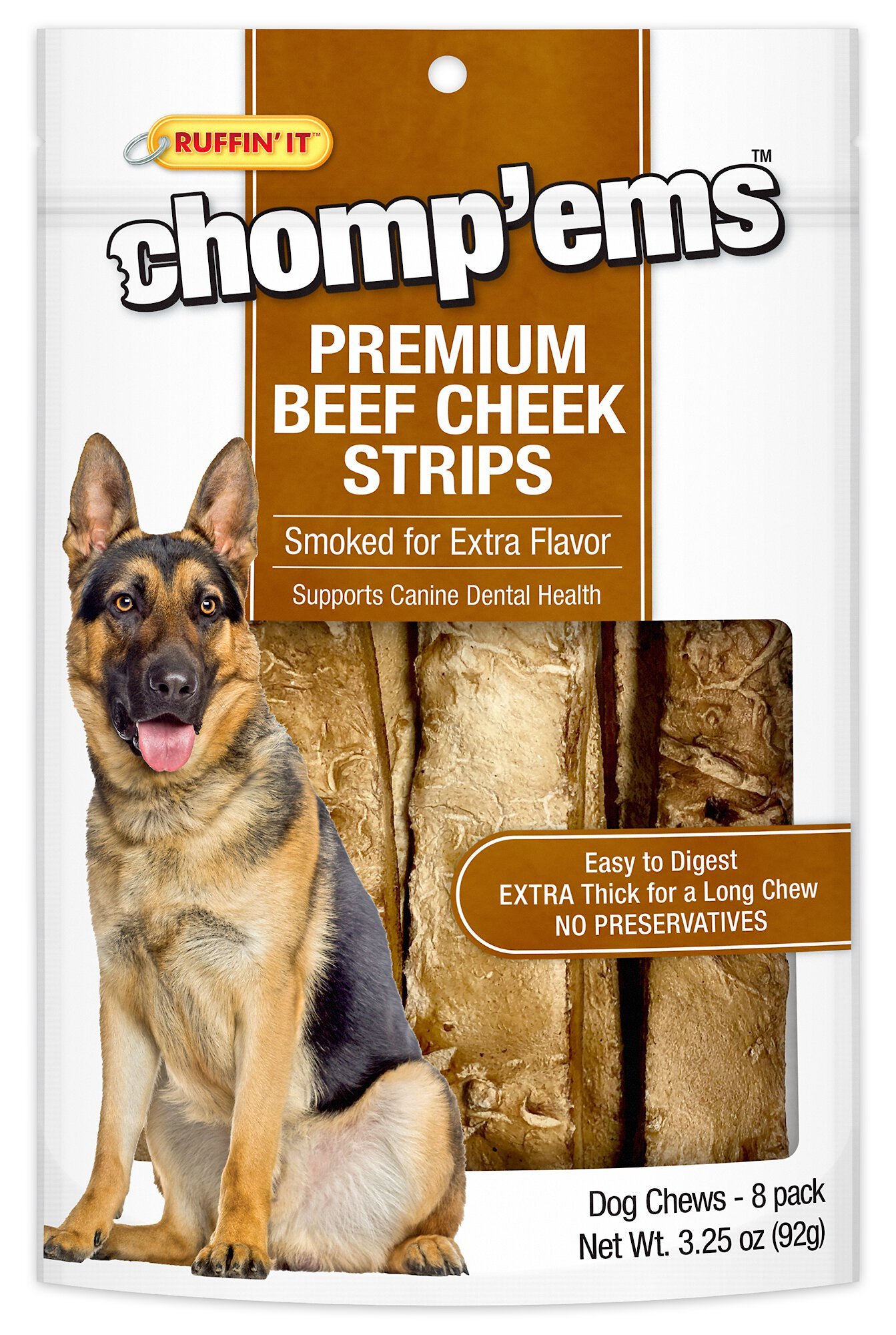 RUFFIN' IT Chomp'Ems Premium Beef Cheek Strips Dog Chew Treats, 8 count