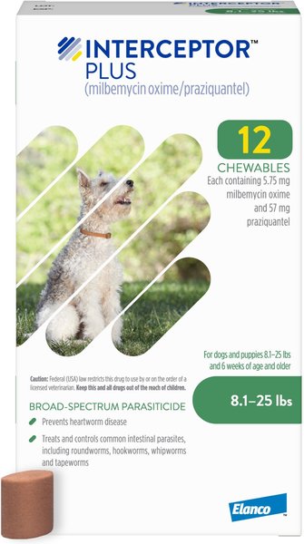 Interceptor Plus Chew for Dogs, 8.1-25 lbs, (Green Box), 12 Chews (12-mos. supply) slide 1 of 9