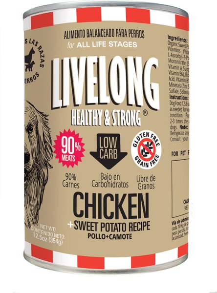 Livelong Healthy & Strong Chicken & Sweet Potato Recipe Wet Dog Food, 12.8-oz can, case of 12 slide 1 of 6