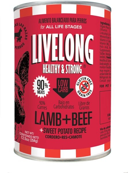 Livelong Healthy & Strong Lamb, Beef & Sweet Potato Recipe Wet Dog Food, 12.8-oz can, case of 12 slide 1 of 6