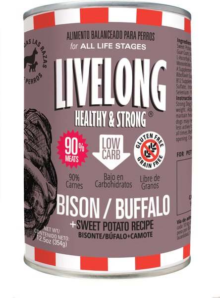 Livelong Healthy & Strong Bison/Buffalo & Sweet Potato Recipe Wet Dog Food, 12.8-oz can, case of 12 slide 1 of 6