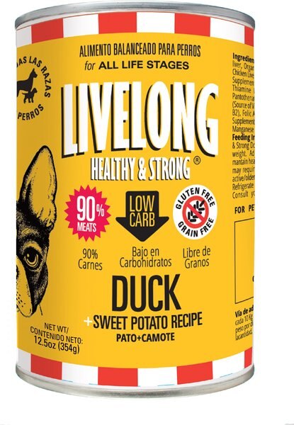 Livelong Healthy & Strong Duck & Sweet Potato Recipe Wet Dog Food, 12.8-oz can, case of 12 slide 1 of 6