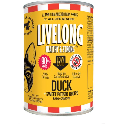 Cibo umido per cani Livelong Healthy & Strong con anatra e patate dolci, lattina da 360 g, confezione da 12 Informazioni sul prodotto