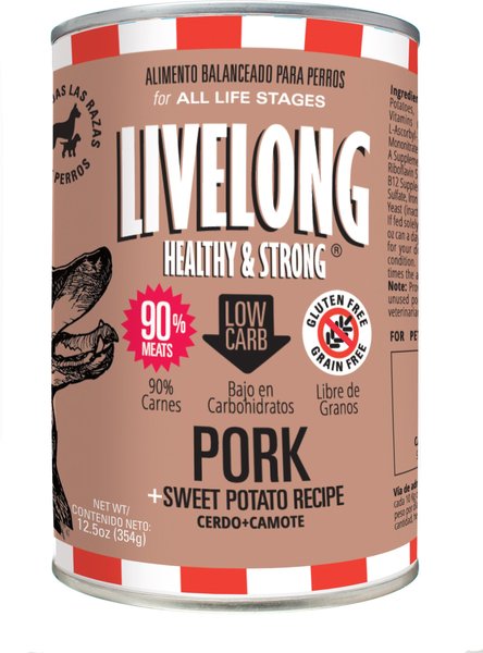 Livelong Healthy & Strong Pork & Sweet Potato Recipe Wet Dog Food, 12.8-oz can, case of 12 slide 1 of 6