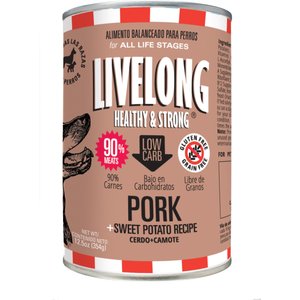 Livelong Healthy & Strong Pork & Sweet Potato Recipe Wet Dog Food, 12.8-oz can, case of 12
