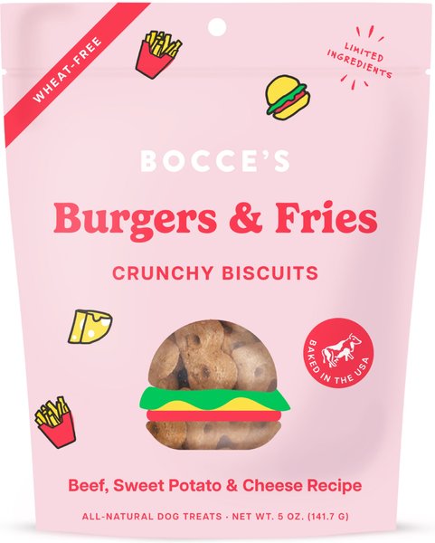 Bocce's Bakery Burgers & Fries Beef, Sweet Potatoes & Cheese Dog Treats, 5-oz bag slide 1 of 2
