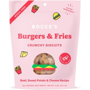 Bocce's Bakery Burgers & Fries Beef, Sweet Potatoes & Cheese Dog Treats, 5-oz bag