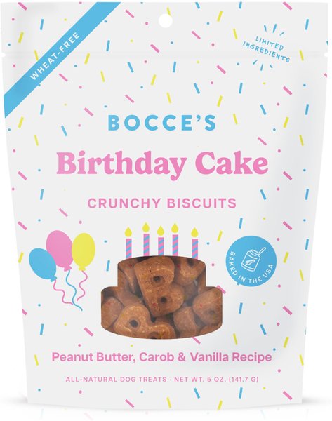 Bocce's Bakery Birthday Peanut Butter, Molasses & Vanilla Cake Dog Treats, 5-oz bag slide 1 of 2