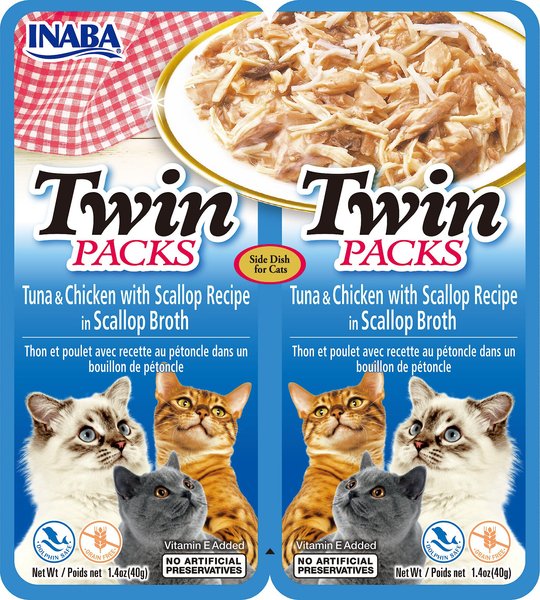 Inaba Twin Packs Tuna & Chicken with Scallop Recipe in Scallop Broth Grain-Free Cat Food Topper, 1.4-oz, pack of 2 slide 1 of 2