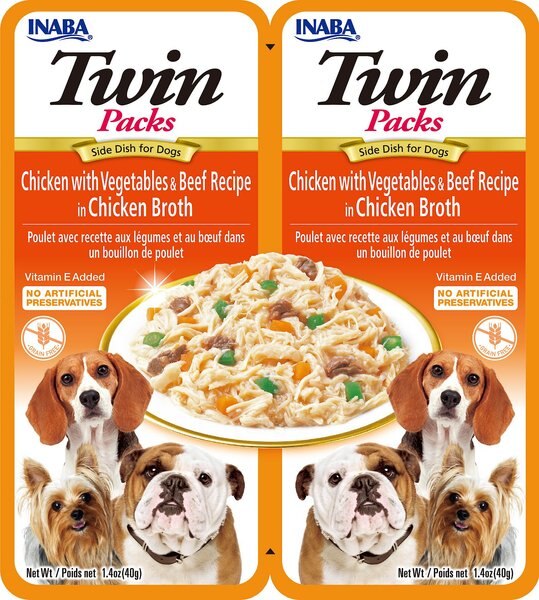 Inaba Twin Packs Chicken with Vegetables & Beef Recipe in Chicken Broth Grain-Free Dog Food Topper, 1.4-oz, pack of 2 slide 1 of 2