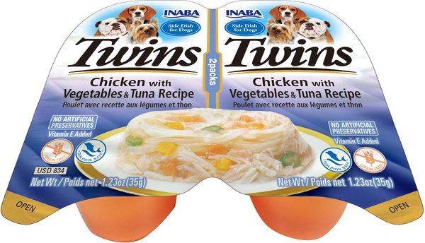 Inaba Twins Chicken with Vegetables & Tuna Recipe Grain-Free Dog Food Topper, 1.23-oz, pack of 2 slide 1 of 2