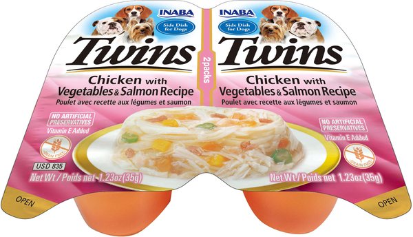Inaba Twins Chicken with Vegetables & Salmon Recipe Grain-Free Dog Food Topper, 1.23-oz, pack of 2 slide 1 of 2