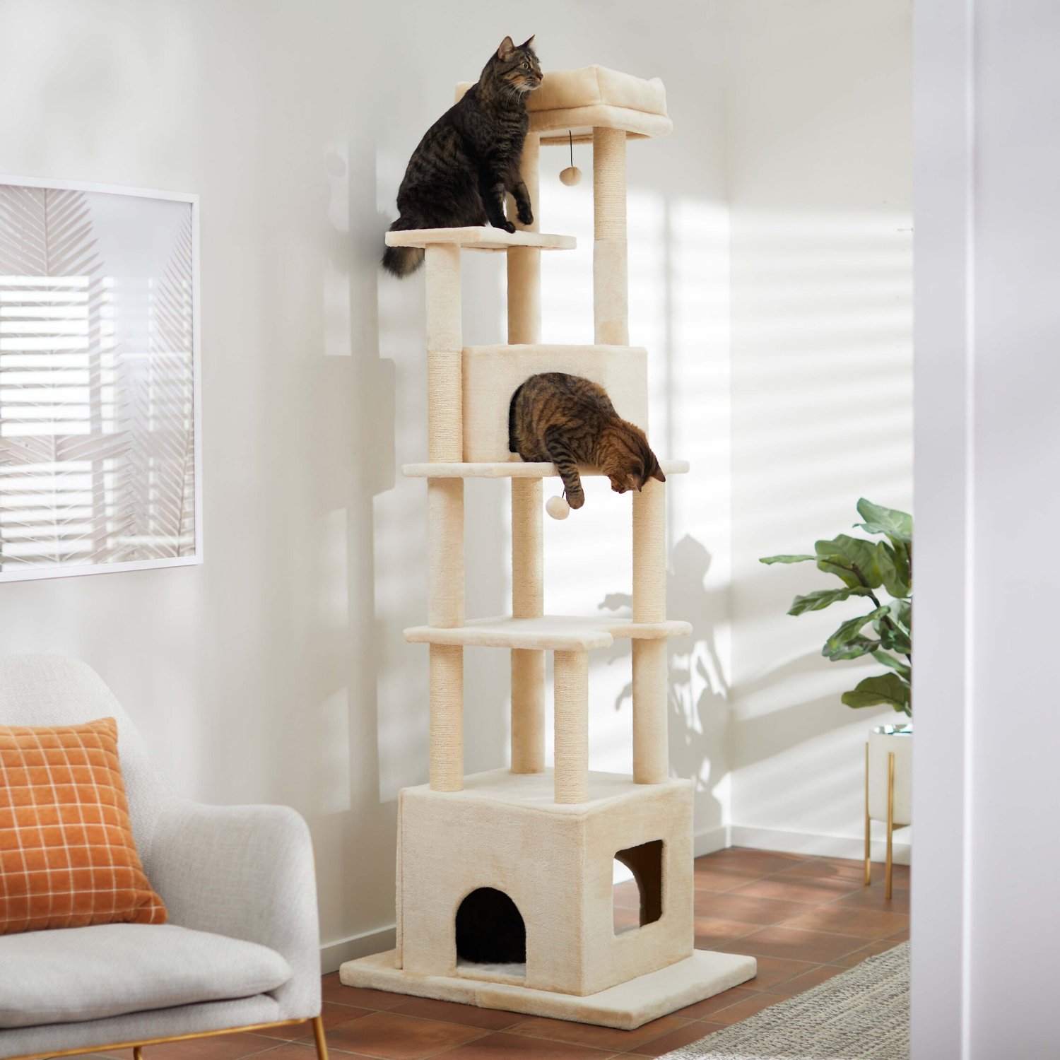 FRISCO 80-in Faux Fur Cat Tree & Condo, Cream - Chewy.com