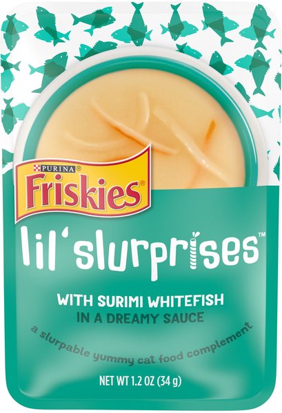 Friskies Lil Slurprises with Surimi Whitefish in Dreamy Sauce Wet Cat Food Topper, 1.2-oz pouch, case of 16 slide 1 of 10