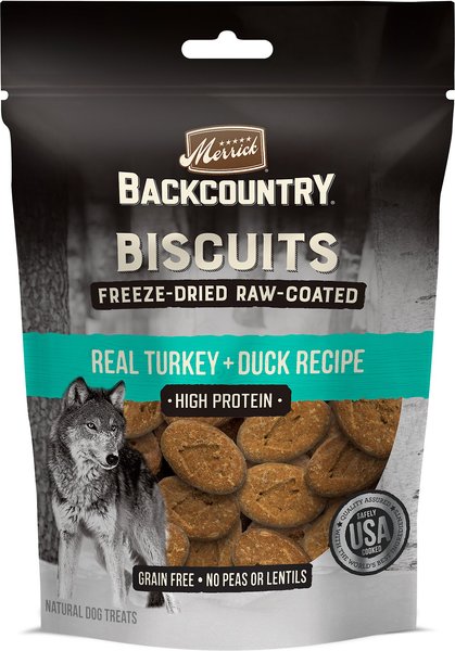 Merrick Backcountry Biscuits Real Turkey + Duck Recipe Grain-Free Freeze-Dried Raw Coated Dog Treats, 10-oz bag slide 1 of 8