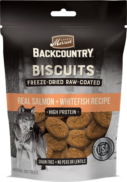 Merrick Backcountry Biscuits Real Salmon + Whitefish Recipe Grain-Free Freeze-Dried Raw Coated Dog Treats, 10-oz bag slide 1 of 8