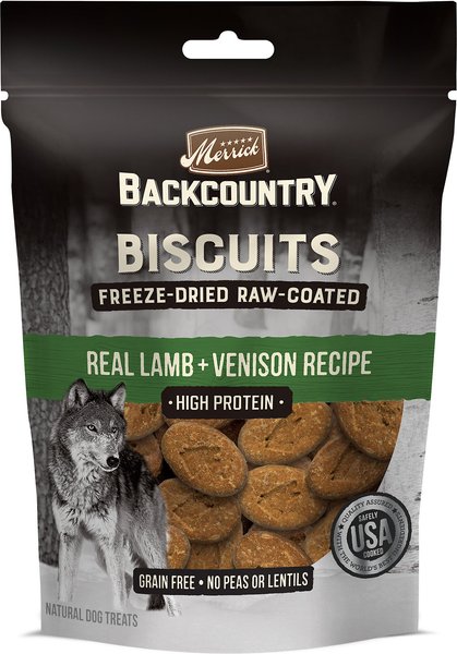 Merrick Backcountry Biscuits Real Lamb + Venison Recipe Grain-Free Freeze-Dried Raw Coated Dog Treats, 10-oz bag slide 1 of 8