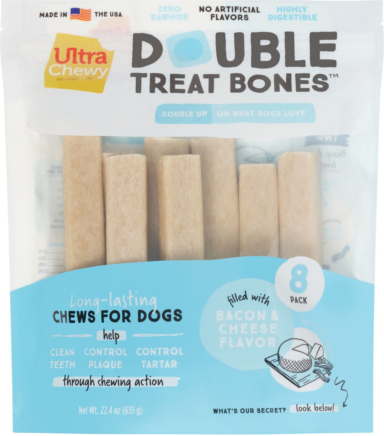 ULTRA CHEWY Double Treat Bone Bacon & Cheese Flavor Dog Treats, 8 count