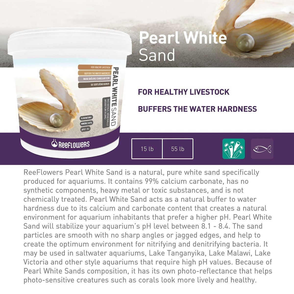 REEFLOWERS Pearl White Aquarium Sand, 0.51mm, 15lb tub