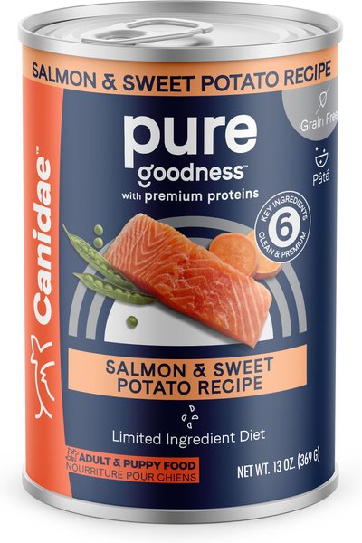 CANIDAE PURE All Stages Grain-Free Limited Ingredient Salmon & Sweet Potato Recipe Canned Dog Food, 13-oz can, case of 12 slide 1 of 10