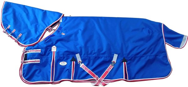 Derby Originals 1200D Ripstop Waterproof Nylon Horse Turnout Blanket & Hood, Navy Blue with Red/White Trim, 69-in slide 1 of 3