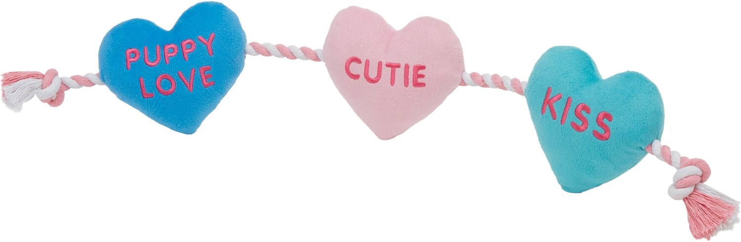 Frisco Valentine Candy Hearts Plush with Rope Squeaky Dog Toy