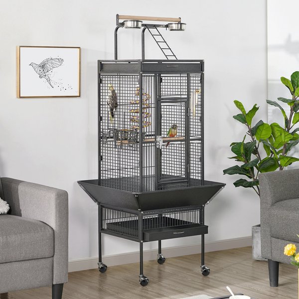 Yaheetech 61.5-in Rolling Parrot Cage & Playtop, Hammered Black slide 1 of 10