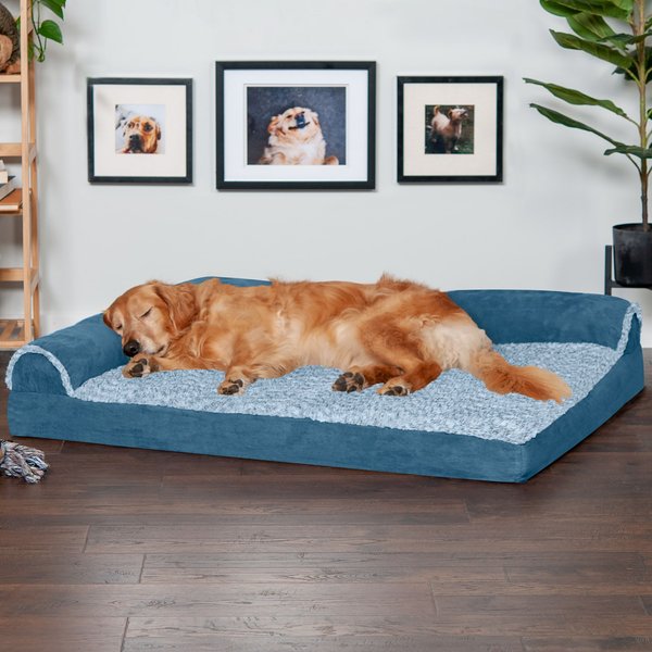 FurHaven Two-Tone Faux Fur & Suede Deluxe Chaise Lounge Orthopedic Dog & Cat Bed, Marine Blue, Jumbo slide 1 of 11