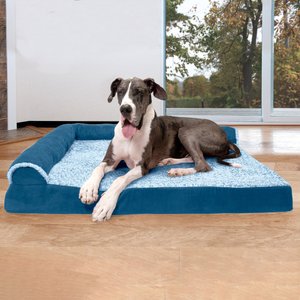 FurHaven Two-Tone Faux Fur & Suede Deluxe Chaise Lounge Orthopedic Dog & Cat Bed, Marine Blue, Jumbo Plus