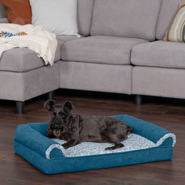 FurHaven Faux Fur & Suede Orthopedic Sofa Dog & Cat Bed, Marine Blue, Medium slide 1 of 9